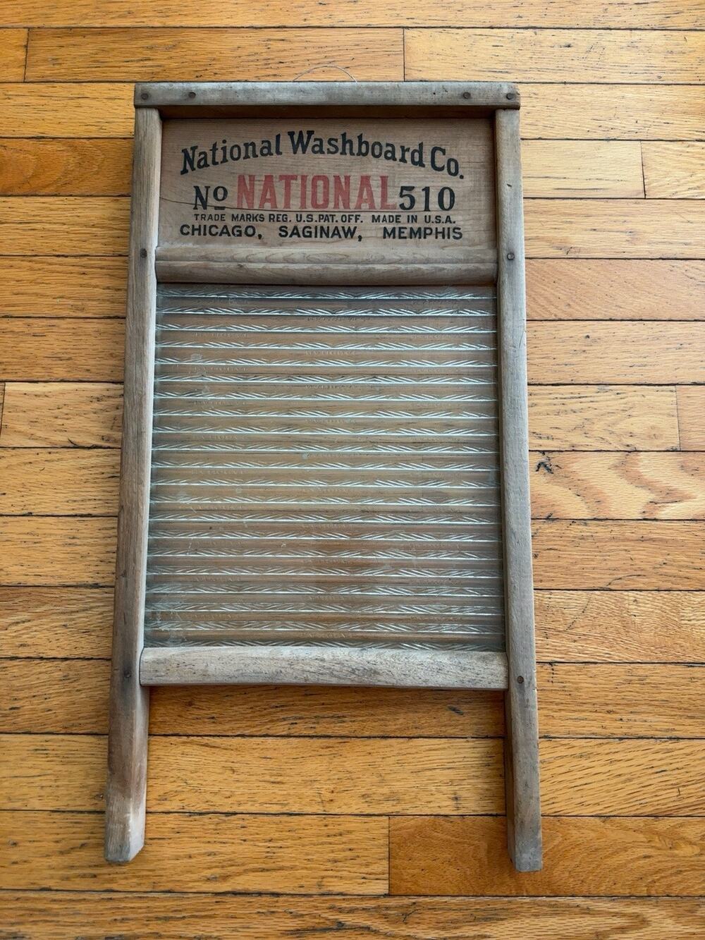 Antique National Washboard Co No 510 Glass Washboard Wood Frame Chicago Vintage